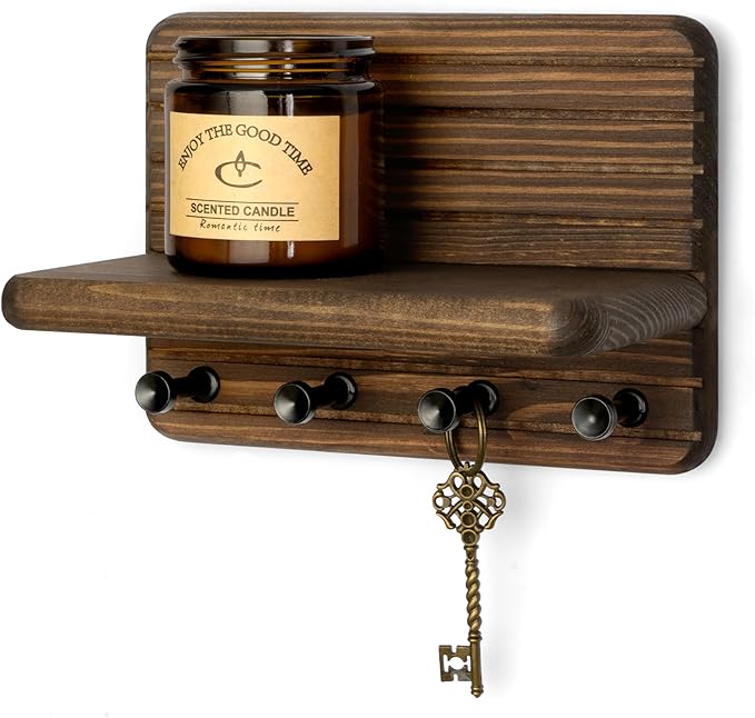RebeeVision Small Key Holder Wall Mount with 4 Key Hook for Entryway, Brown | 7-Inch, Round Corner, Pine Wood, Small Key Shelf, Compact Storage, Plant Display, Apartment Essential