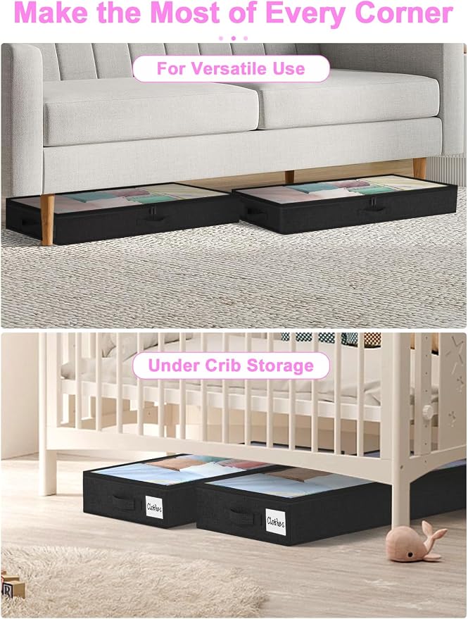 punemi 4 in Tall Low Profile Under Bed Storage Containers, 2 Pack, Black | Foldable Storage Design with Zipper & Clear Lid for Blankets & Clothing, Ideal for Closet, Bedroom & Dorm Organization