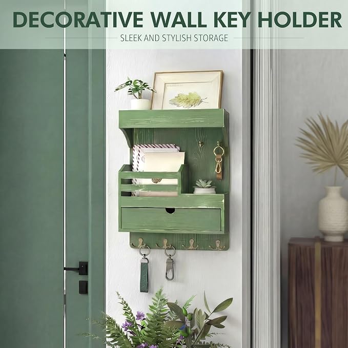 Rebee Vision Key Holder Wall Mount with 6 Key Hooks for Entryway, Green | Pine Wood, Key Holder for Wall, Floating Shelf, Plant Display, Small Drawer Organizer, Mail Sorter, Room Decor, Home Storage