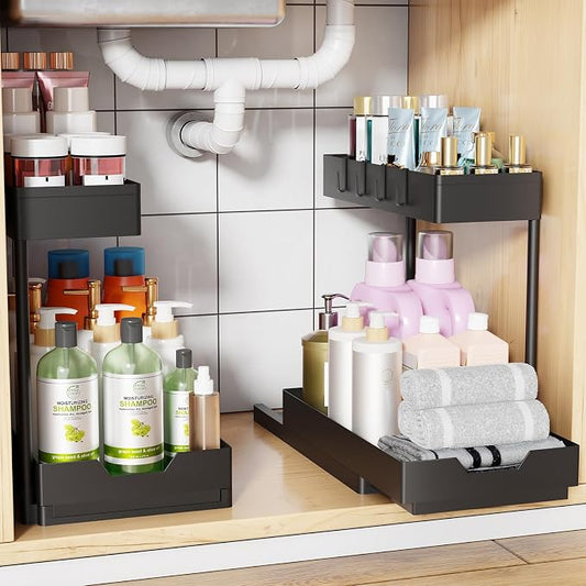 Simple Trending Under Sink Organizer 2 Pack, 2 Tier with Sliding Basket | Multi-Use Cabinet Organizer for Kitchen & Bathroom, Sink Storage Basket with 4 Hooks, L-shape, Easy Assembly, Black