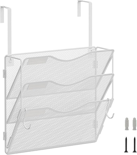 BOHDK Wall File Organizer, Hanging File Folder Organizer, Vertical Mesh Metal Door/Wall Mount Hanging File Holder. Paper Document Magazine Rack with Hooks for Home Office Black (3 Pockets White)