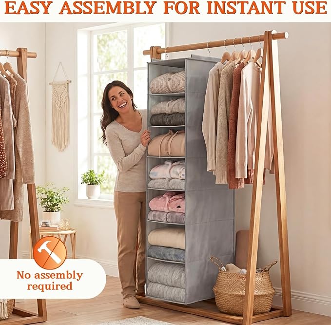 Deep Pocket Hanging Closet Organizer, 8 Tier Hanging Shoe Organizer | Adjustable Shelf Height Closet Organizers and Storage for Sweaters, Shoes, Hoodies & Blankets, Heavy Duty Hanging Shelves