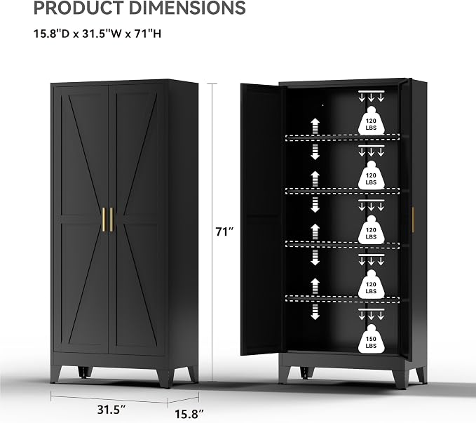 Farmhouse Pantry Cabinet with Barn Doors, 71" H x 31.5" W, 5-Tier Metal Storage Cabinet with 4 Adjustable Shelves for Kitchen Garage Dining Room, Black 1 Pack