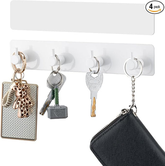 Key Holder with 4 Hooks,Adhesive Key Hanger Organizer for Wall Mount | Metal Key Rack with 2 Self-Adhesive Tapes for Entryway, Door, Bathroom, Kitchen(White)