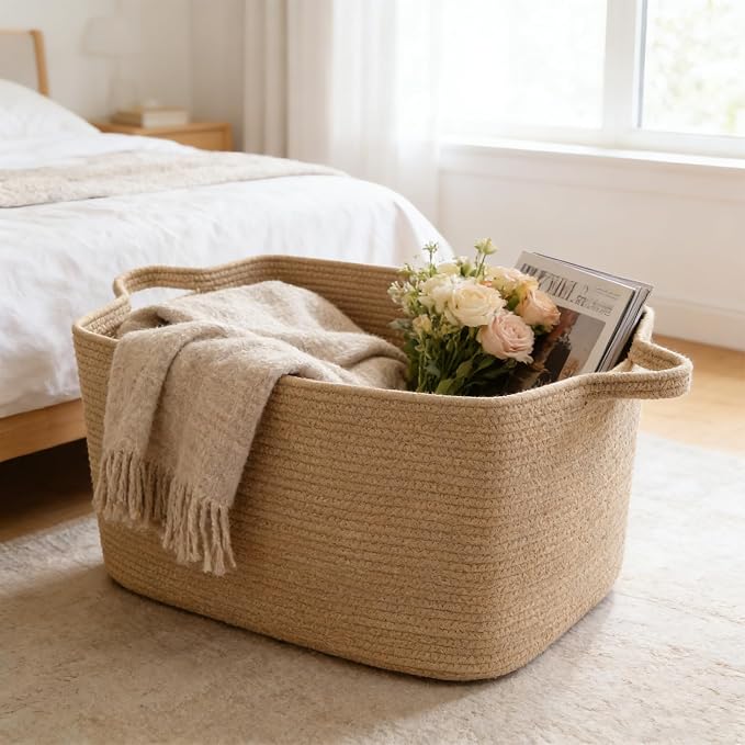 65L Collapsible Woven Rope Laundry Basket with Handles,Jute | 21x16x12 Foldable Rectangular Blanket Basket for Toys, Clothes & Pillows,Ideal for Nursery, Bathroom, Bedroom, Living Room