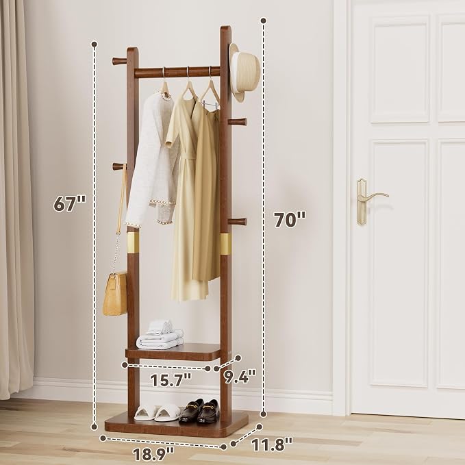 Solid Wood Coat Rack, Freestanding Clothing Rack with 2 Shelves Storage & 5 Hooks, Heavy Duty Clothes Rack Stand for Hall, Bedroom, Living Room