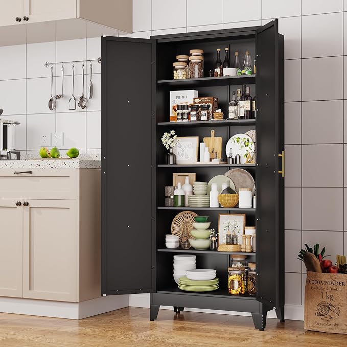 75.2" Tall Metal Kitchen Pantry Storage Cabinet, Freestanding Cupboard with 2 Doors and 5 Adjustable Shelves, Standing Storage for Kitchen, Bathroom, Garage, Dinning Room or Utility Room（Black）