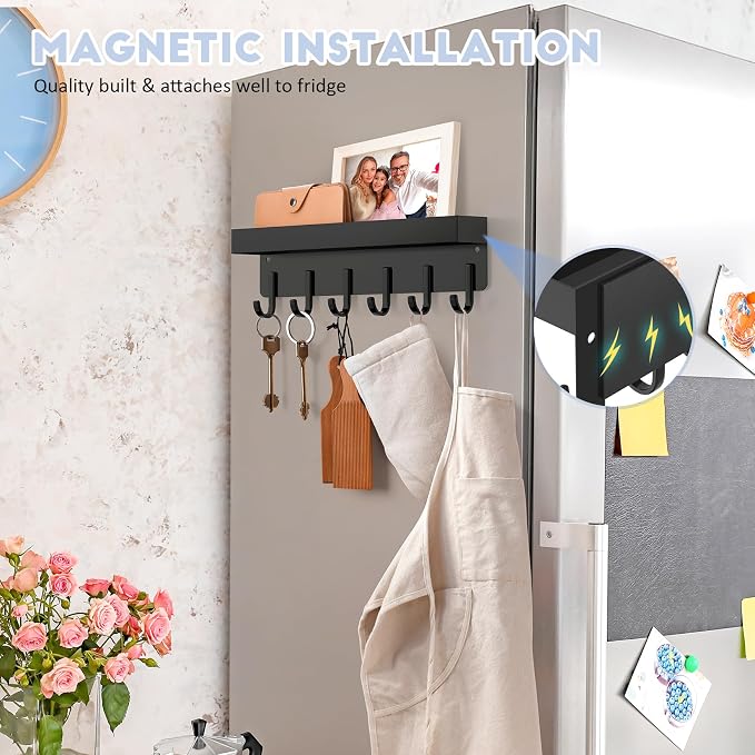 Magnetic Key Holder, Wall Mount Key Rack with Shelf, 9.65 in, Black | Metal Material, Small Size, 6 Metal Hooks, 2 Installation Ways, for Fridge, Entryway, Kitchen, Bathroom, Garage, RV, Office