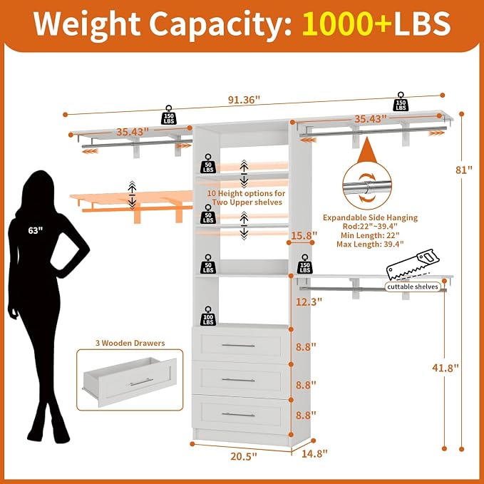Closet System with Drawers, 5-7.61FT Closet Organizer System with Cuttable Shelves & 3 Expandable Hanging Rods, 96” Walk in Closet Organizer Storage System, Modular Closet Systems Adjustable, White