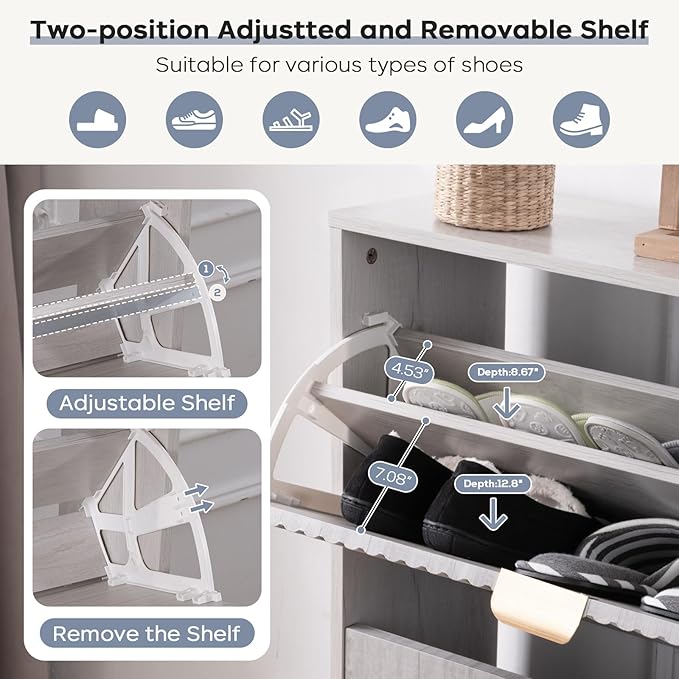 oakvivo Shoe Cabinet with 2 Flip Drawers, Freestanding Shoe Organizer with 4 Wooden feet, Modern Shoes Storage Cabinet for Entryway, Hidden Narrow Shoe Rack Cabinet for Foyer, Hallway, Mudroom, Grey