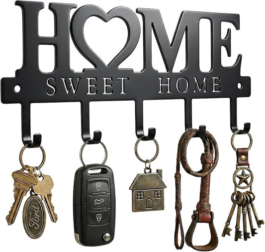 Entryway Wall Key Holder with 5 Hooks, Metal Key Rack Wall Mount for Keys, Bags and Leashes, Decorative Organizer for Entryway, Mudroom or Hallway, Sweet Home Design, 9.8 inches, Black