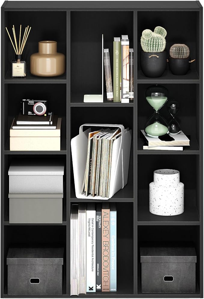 Furinno LUDER Book Shelf, 11-Cube Bookshelf, Reversible Bookcase, 9.4 x 29.1 x 41.7, Easy Assembly, for Living Room, Bedroom, Home Office, Blackwood