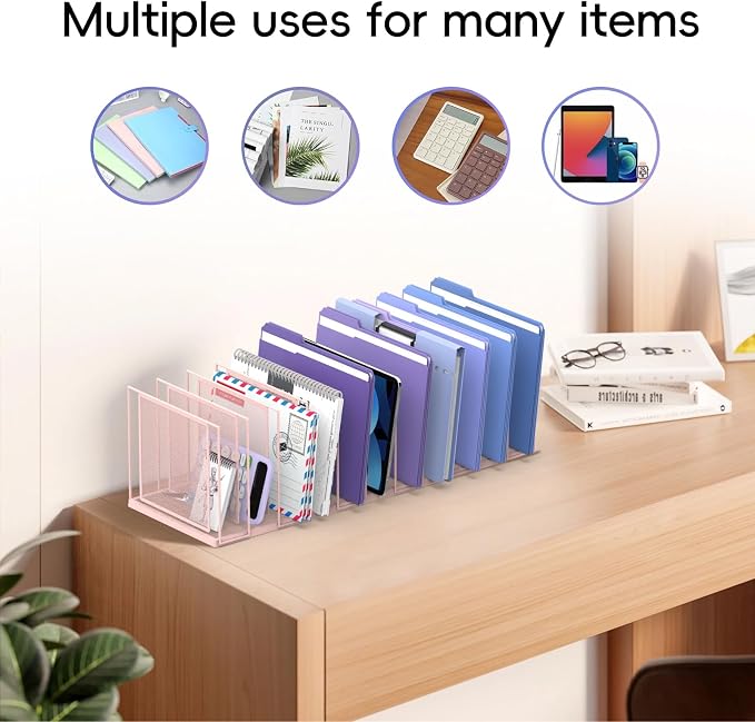 File Organizer for Desk, 11-Section Vertical File Sorter, Paper Holder Organizer Standing Metal File Folder for Office Home Classroom, Pink