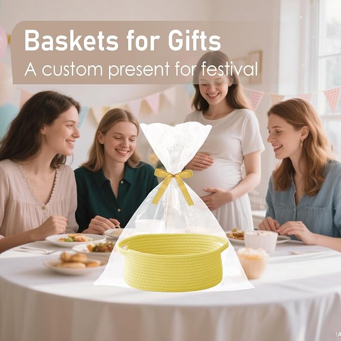 JMvicyroam Small Woven Basket, Empty Gift Basket, Yellow/1 Pack | Small Gift Basket, Cotton Rope, 12 x 8 x 39 in, Handles, Includes Ribbon and Bag, Birthday Gift Basket