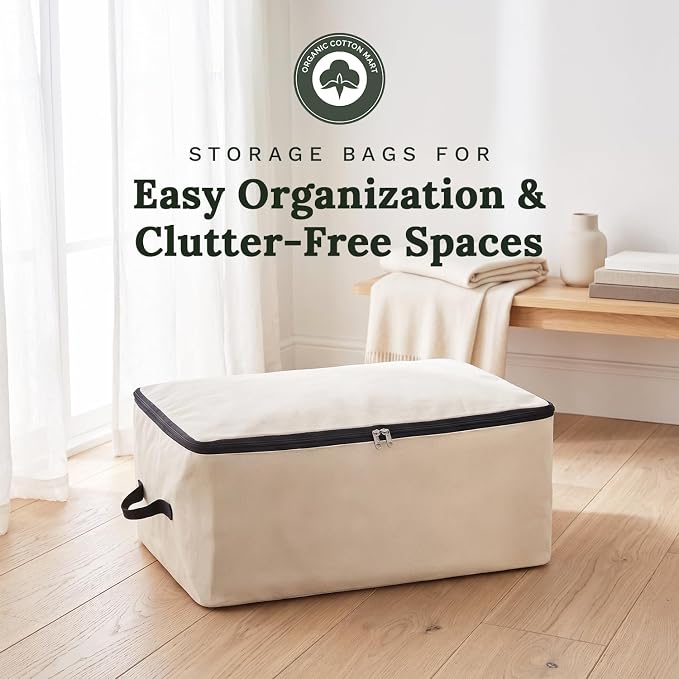 Canvas Storage Bags for Comforters and Blankets - X-Large Zippered Storage Bags for Blankets, Comforters, and Clothes - Easy Storage Under Bed, 100% Cotton, Breathable with Carrying Straps (2 Bags)