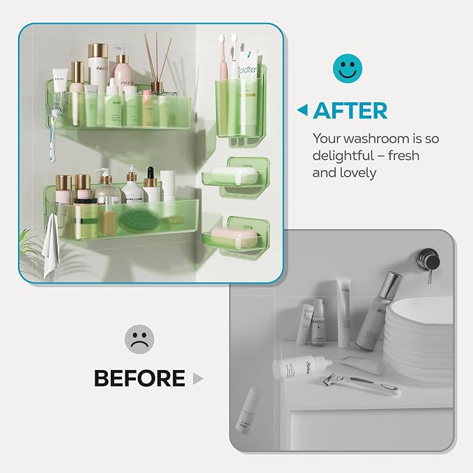 Nieifi Adhesive Shower Shelves, Green, 5 Pieces | Rustproof ABS, Large Capacity, Removable Design, Easy-Clean, No Drilling Shower Organizer for Bathroom Storage & Home Decor