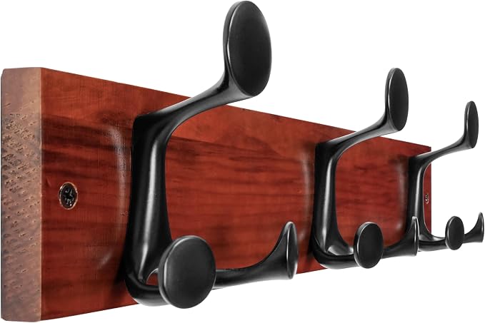 WEBI Coat Rack Wall Mount,17" Solid Wood Coat Hooks Wall Mounted Coat Hanger,16" Hole to Hole,Heavy Duty Hook Rack Rail,3 Triple Hooks for Hanging Coats,Jacket,Clothes,Hat,Backpack,Cherry