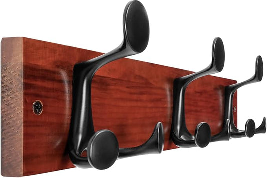 WEBI Coat Rack Wall Mount,17" Solid Wood Coat Hooks Wall Mounted Coat Hanger,16" Hole to Hole,Heavy Duty Hook Rack Rail,3 Triple Hooks for Hanging Coats,Jacket,Clothes,Hat,Backpack,Cherry