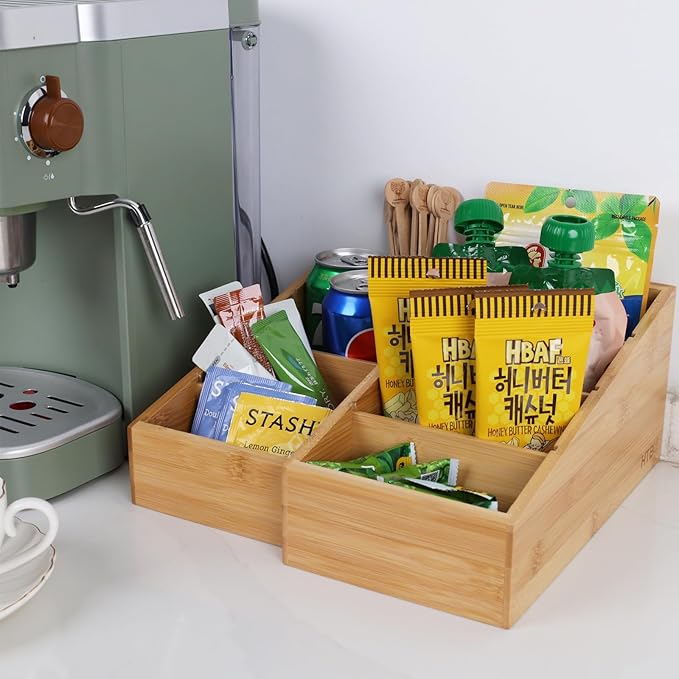 HTB 4-Section Snack Organizer with Removable Dividers for Kitchen 2 Pack | Bamboo Pantry Storage Organization for Spice Packets, Seasoning Pouches, Coffee Pods,Food,Drawer Countertop,Easy Access