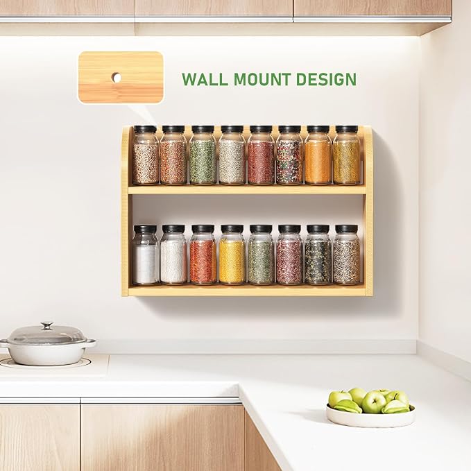 ROMGUAR CRAFT 2 Tier Bamboo Spice Rack, Countertop or Wall Mounting Wood Spice Jars Organizer Shelf for Kitche, Pantry (Natural)