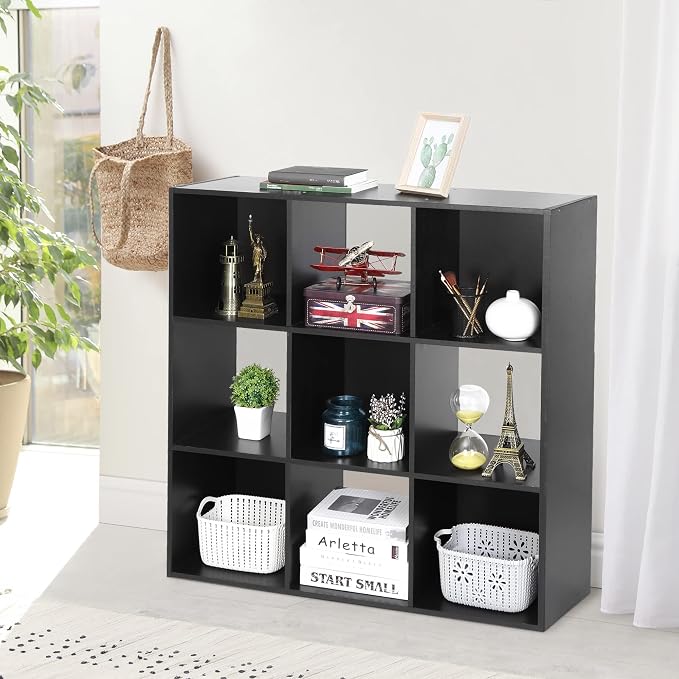 JupiterForce 9 Cube Storage Organizer Wooden Display Shelf W/ 5 Removable Back Panels, Customizable Bookcase Bookshelf for Home, Office, Bedroom and Living Room (Black)
