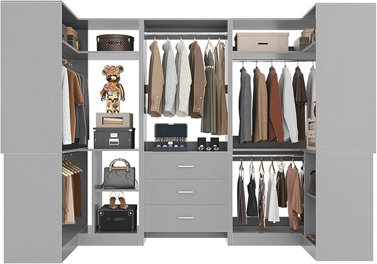 Aheaplus Closet System with 3 Drawers, 5 Hanging Rods & Corner Tower, Corner Closet System with Hanging, 88.8" U-Shaped Walk-In Wardrobe Organizer, 2000+ lbs Capacity, Set of 3,Grey