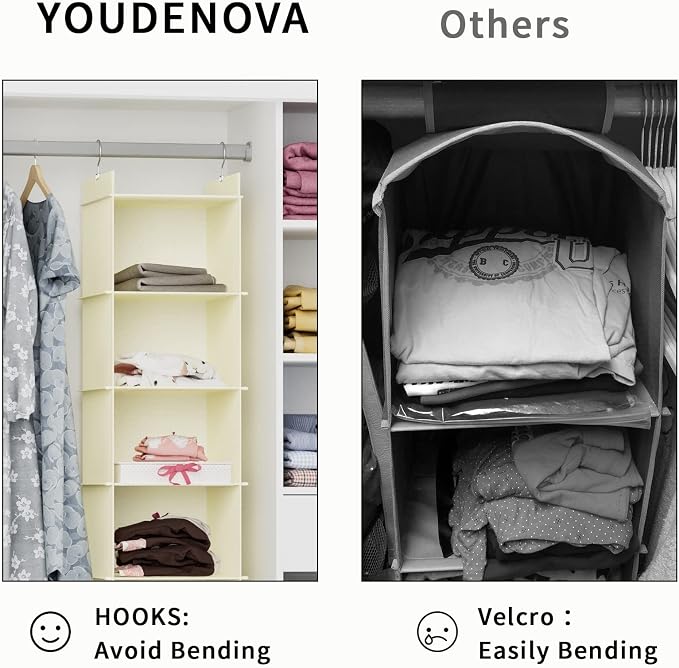 YOUDENOVA Hanging Closet Organizer, 6-Shelf Closet Hanging Shelves, Beige