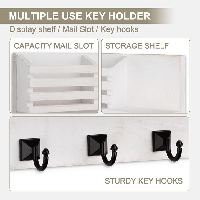 Key Holder Wall Mount, Mail Organizer for Wall with 5 Square Rustic Key Hooks Key Shelf Farmhouse Home Decor for Entryway