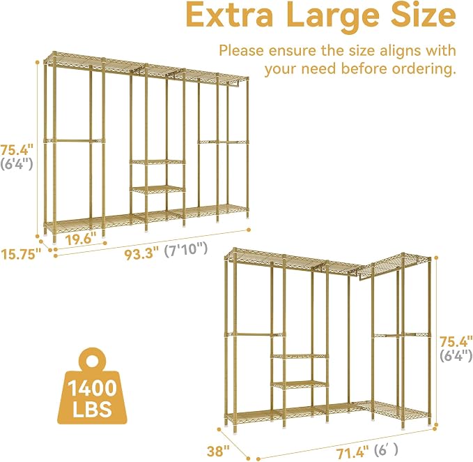 Higeego H5 Heavy Duty Clothes Rack, Freestanding Clothing Rack, Gold | 93.3"Wx15.7"Dx75.4"H, Large Garment Rack, Freestanding Clost Rack for hanging clothes, with Adjustable Shelf, Load 1400 lbs