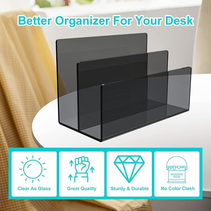 Boloyo Acrylic File Holder,1PC 2 Sections Clear Black File Organizer Mail Letter Sorter Desktop Folder Holder for Home Office School Envelope Bill Filling Paper Document