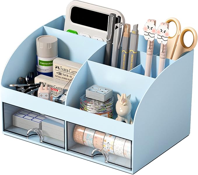COMFYROOM Desk Organizer with 6 Compartments and 2 Drawers, Plastic Makeup Organizer, Pen Holder for Desktop Storage, Desk Organization for School, Home, Office Supplies (Blue)