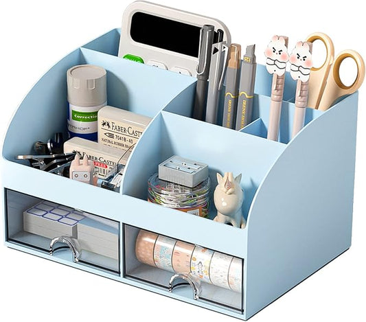 COMFYROOM Desk Organizer with 6 Compartments and 2 Drawers, Plastic Makeup Organizer, Pen Holder for Desktop Storage, Desk Organization for School, Home, Office Supplies (Blue)