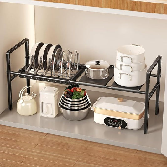 Mustorn Pots and Pans Organizer Under Cabinet, Expandable 1 Tier Under Sink Organizers and Storage Adjustable Height Kitchen Pot and Pan Lid Holder Rack with 6 Dividers Under Cabinet Shelf(Black)