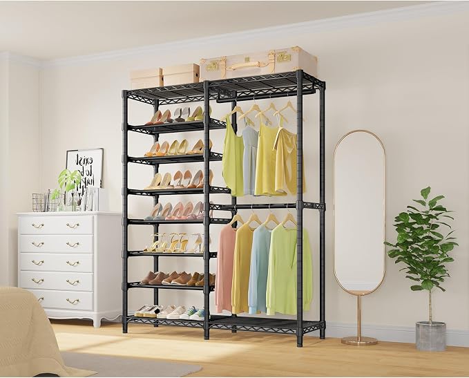 VIPEK S2 Clothes Rack with 8-Tier Shoe Rack, Metal Closet Rack, Black | Freestanding Clothing Rack with 2 Hanging Rods, Adjustable Shelves, Heavy Duty Walk-In Closet Organizer for Entryway/Bedroom