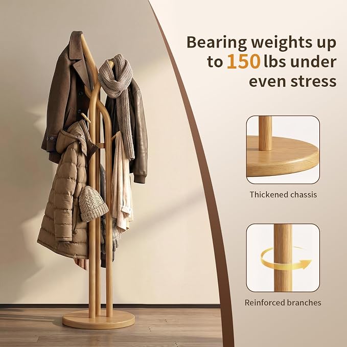 Solid Wood Coat Rack Freestanding Wood Coat Tree Rack with 9 Hooks, Creative Tree-Shaped Design, Standing Coat Rack Clothes Hanger Stand with Sturdy Base for Entryway, Bedroom - Load 150lb (Natural)