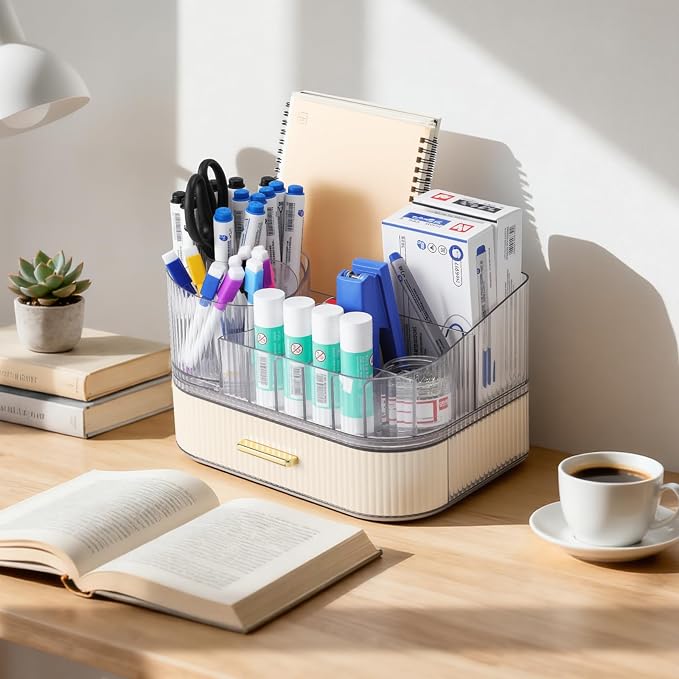 Delamu Rotating Makeup Organizer countertop, Brush Holder for Vanity, White | Stackable Drawer Makeup Storage for Skincare, Lipstick, Brushes & Perfume, Fits Dresser & Bathroom Countertop, Gift for Women
