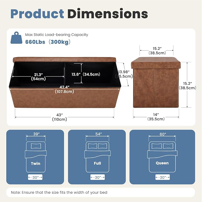 DUMOS 43 Inch Folding Ottoman with Storage Bench, Foot Rest Stool Ottoman | Upholstered End of Bed Storage Bench, Storage Ottoman Loads 660 Lbs for Bedroom, Living Room, Synthetic Leather, Brown