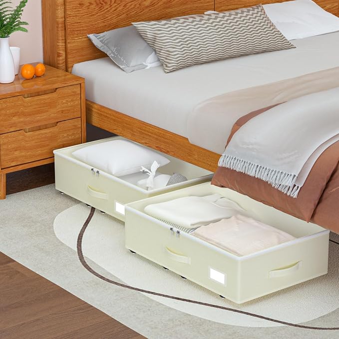 EE-RoomWorld Under Bed Storage with Wheels, No Assemble Required 7.5 inches height Under Bed Storage bins,Large capacity Rolling Underbed Shoe Storage containers，dorm underbed storage drawers