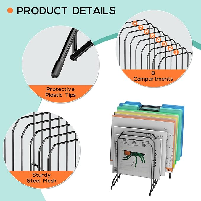 Incline Sorter Desk File Organizer, Metal Desk Magazine Folder Holder with 8-Section Vertical Compartments Rack File Organizer for Office, Home, School
