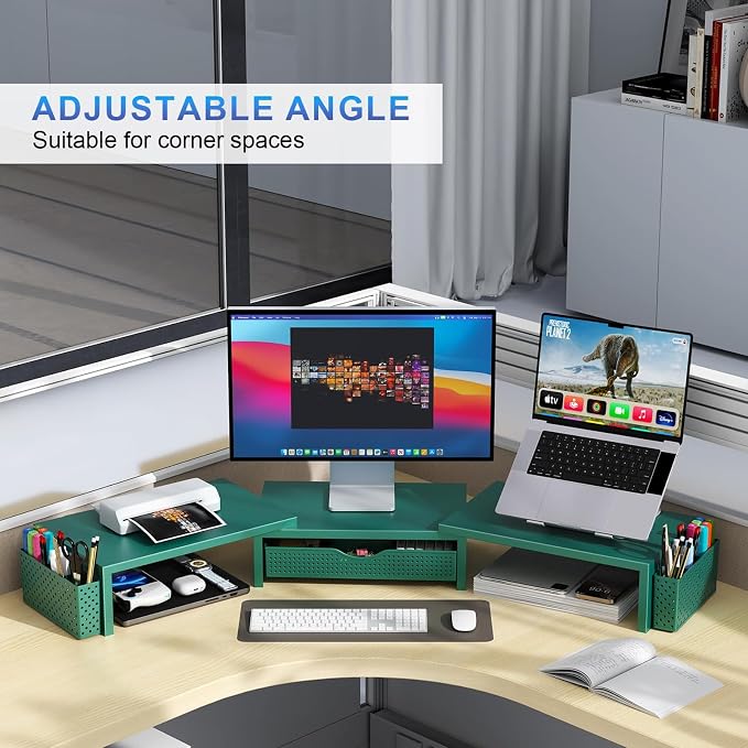 gianotter Dual Monitor Stand Riser, Desk Organizer With Drawer and 2 Pen Holders, Monitor Stand for Desk, Office Decor Essentials (Green)