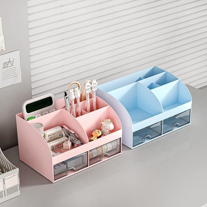 COMFYROOM Desk Organizer with 6 Compartments and 2 Drawers, Plastic Makeup Organizer, Pen Holder for Desktop Storage, Desk Organization for School, Home, Office Supplies (Pink)