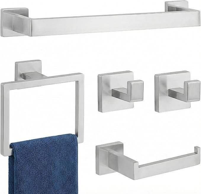5 Piece Bathroom Towel Bar Set - SUS304 Stainless Steel Brushed Nickel Bath Towel Holder, 16 Inch Towel Racks for Bathroom Wall Mounted, Bathroom Hardware Accessories Set