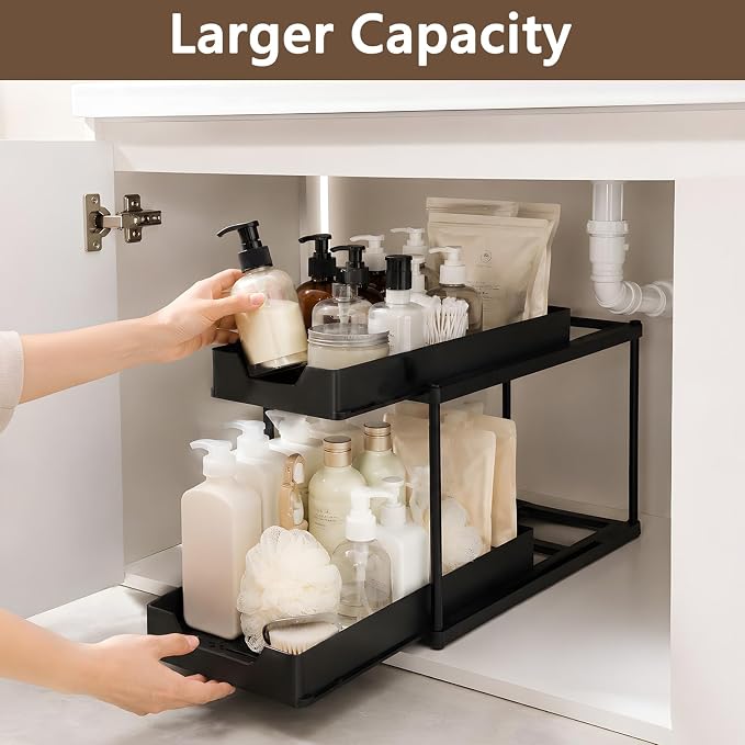Under Sink Organizer for Bathroom & Kitchen, Large Capacity 2-Layer Sliding | Multi-purpose, 2 Tier Pull Out Sliding Drawers, Size:15.6 x 8.5 x 15.2in,Rust Resistant, Sturdy & Durable