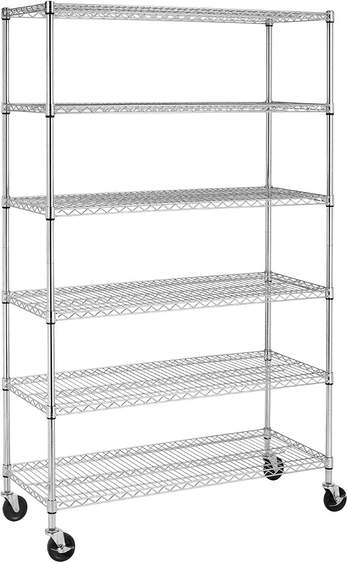 BestOffice | 6-Tier Wire Shelf with Wheels | 18" x 48" x 78" | Chrome | Storage Shelves with Adjustable Racks, Holds upto 600 lbs | Rust-Resistant, No-Tool Assembly | For Home, Garage