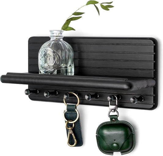 Rebee Vision Key Holder Wall Mount with 6 Key Hooks for Entryway, Black | Pine Wood, Key Holder for Wall, 6 Hooks, Floating Shelf, Plant Display, Elegant Home Organizer, Space-Saving Design