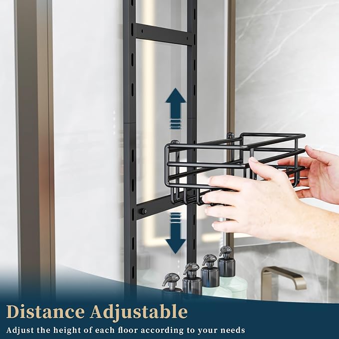 Consumest Over The Door Shower Caddy - 5 Tier Adjustable Shower Organizer Hanging with 2 Toothbrush Holders & 4 Hooks, Rustproof Organizer Shelf, Storage Rack for Bathroom, Black