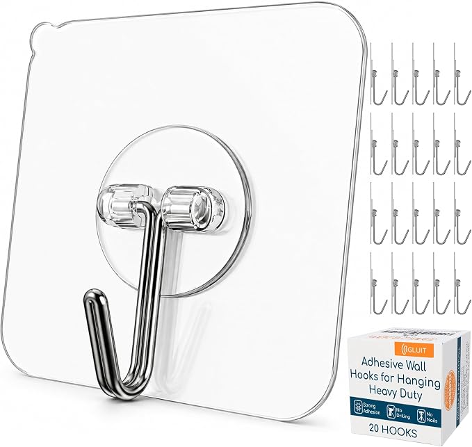 Adhesive Wall Hooks for Hanging, Heavy Duty No Drill, 22 lbs, 20 Pack | GLUIT Adhesive Wall Hooks for Hanging, Transparent Waterproof Sticky Towel Hook for Bathroom Kitchen Home Outdoor