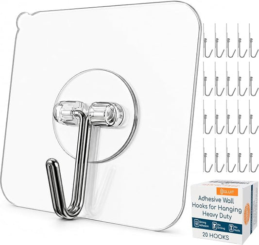Adhesive Wall Hooks for Hanging, Heavy Duty No Drill, 22 lbs, 20 Pack | GLUIT Adhesive Wall Hooks for Hanging, Transparent Waterproof Sticky Towel Hook for Bathroom Kitchen Home Outdoor