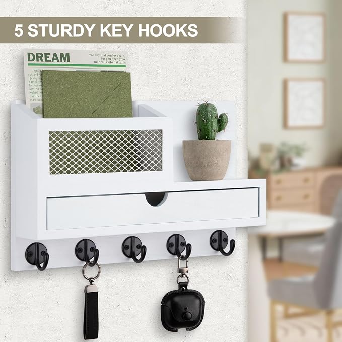 Key Holder Wall Mount, Key Holder for Wall with 5 Key Hooks and Storage Drawer Mail Organizer for Entryway Living Room Farmhouse Home Decor