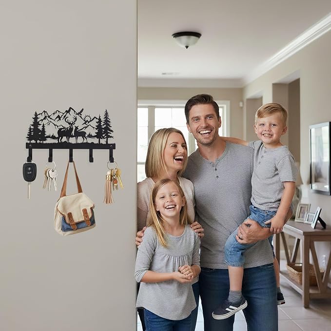 Deer Mountain Metal Key Holder Wall Mount Key Holder for Wall Rustic Cabin Decor Key Rack Hooks Hanger Woodland Wildlife Wall Art Entryway Organizer Housewarming Hunting Gifts
